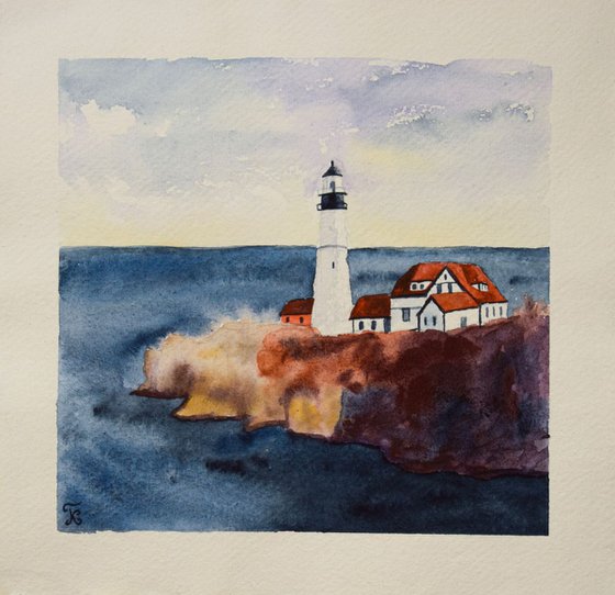 Lighthouse original watercolor painting on craft paper, sea and rocks, hygge home decor