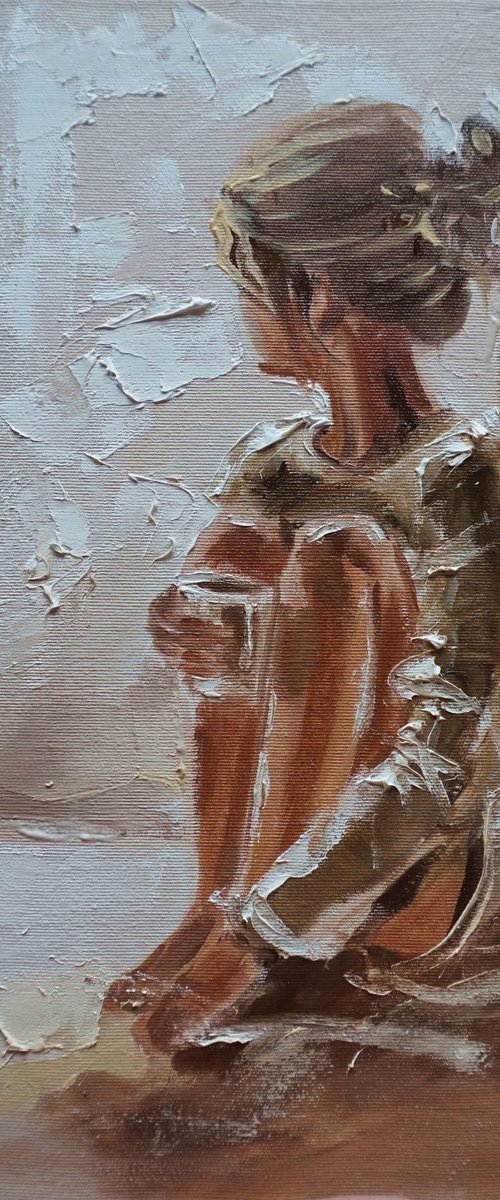 " COFFEE ... " window lockdown lonely  liGHt  ORIGINAL OIL PAINTING, GIFT, PALETTE KNIFE by Monika Luniak