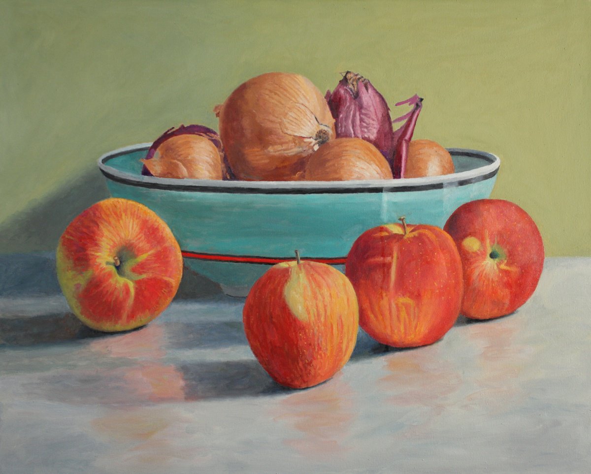 Apples, Onions, Blue Bowl by Douglas Newton