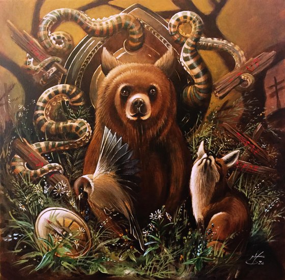 Tell me bear , tell me where - original acrylic on canvas 40 x 40 cm / 16' x 16' iches