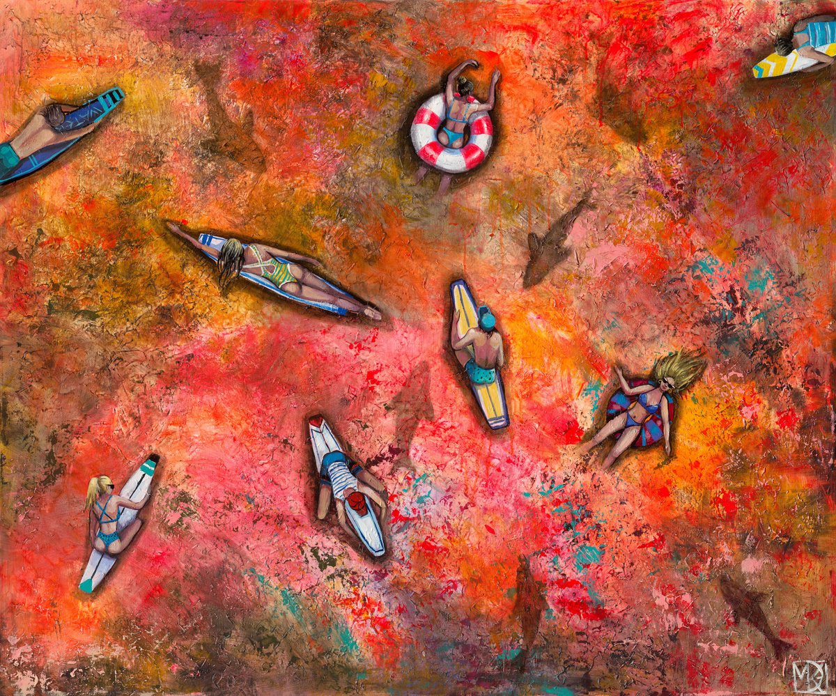 Impressionistic Landscape Acrylic Painting By Maria Kireev, 47 X 39", Red Sea Vibes, Original Artwork