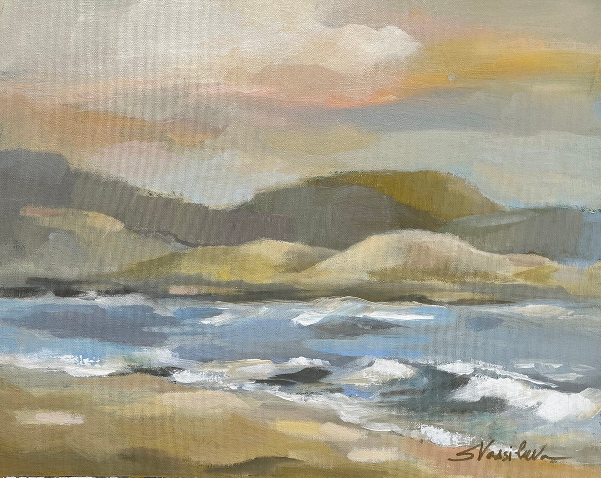 Impressionistic Landscape Acrylic Painting By Silvia Vassileva, 20 X 16", Sandy Beach, Original Artwork