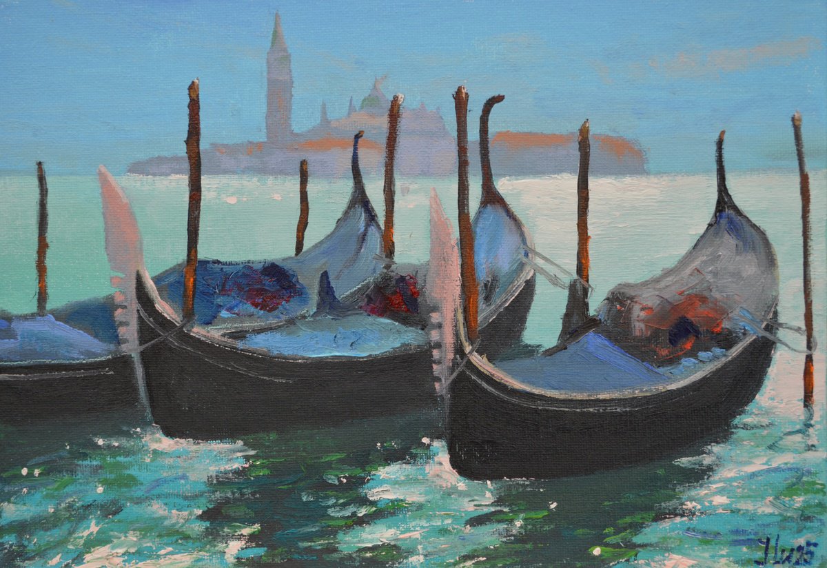 Impressionistic Landscape Oil Painting By Elena Lukina, 12 X 8, Venetian Gondolas 2, Original Artwork