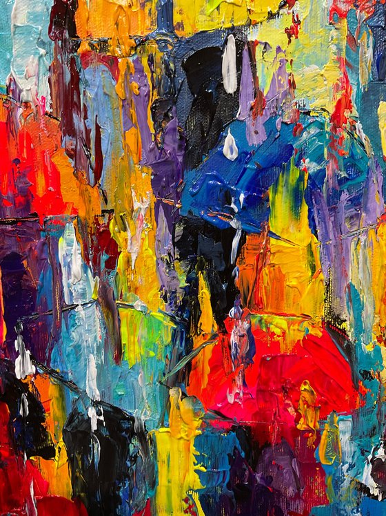 Bright umbrellas. Lady in pink