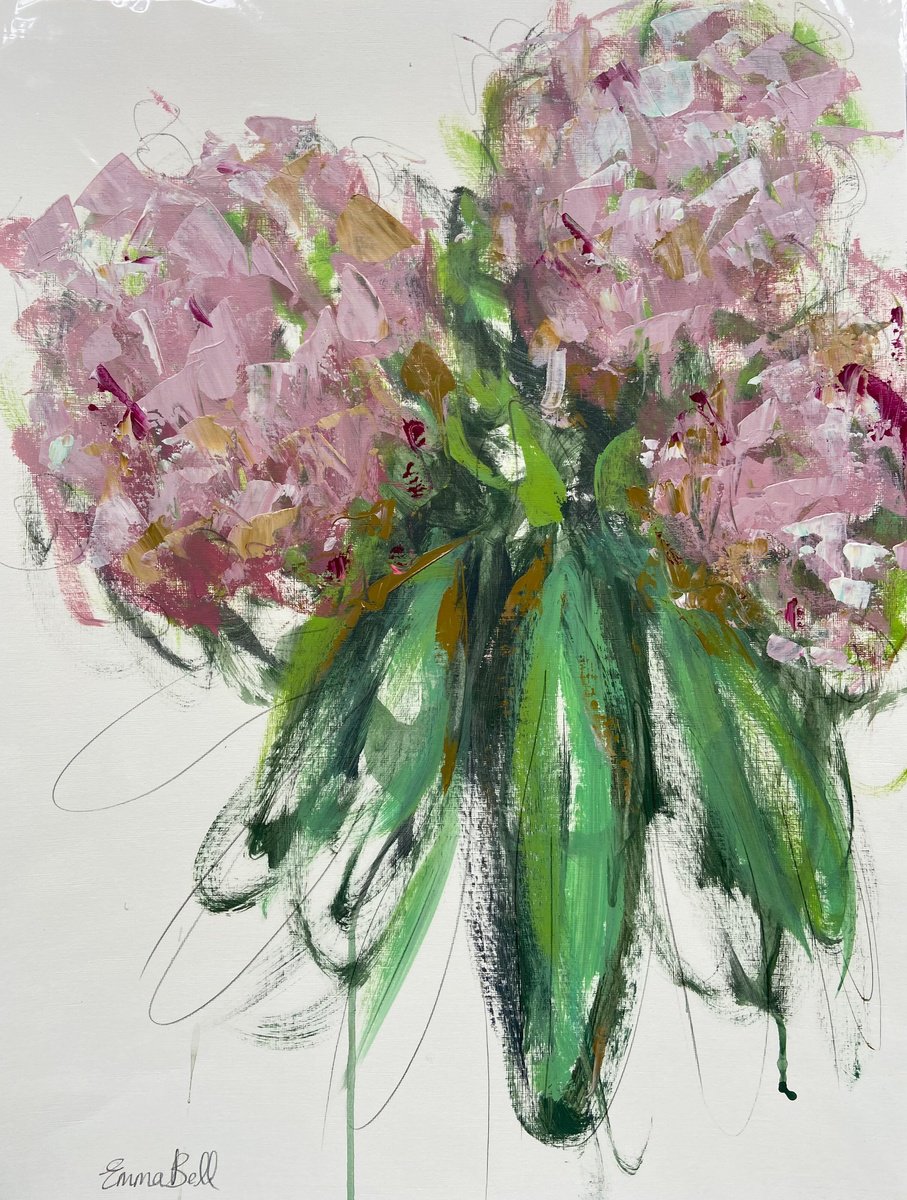 Three Pink Hydrangeas acrylic on paper by Emma Bell