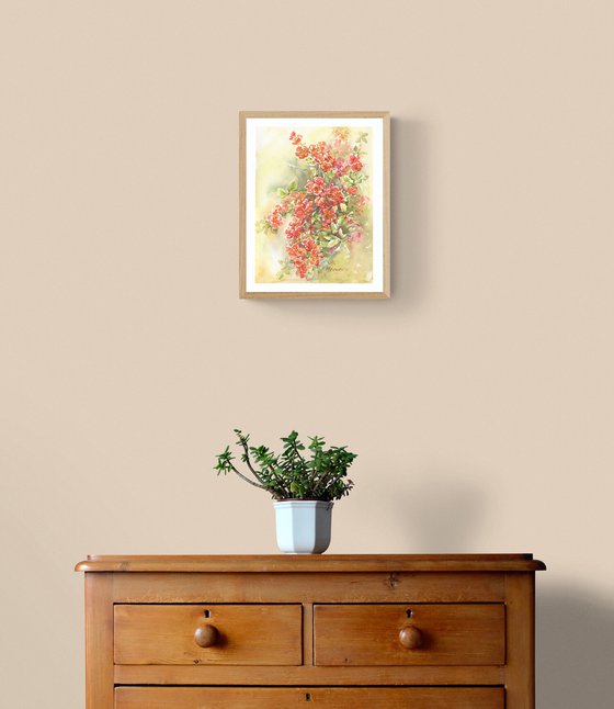Red blossoming branches / ORIGINAL watercolor 11x15in (28x38cm)