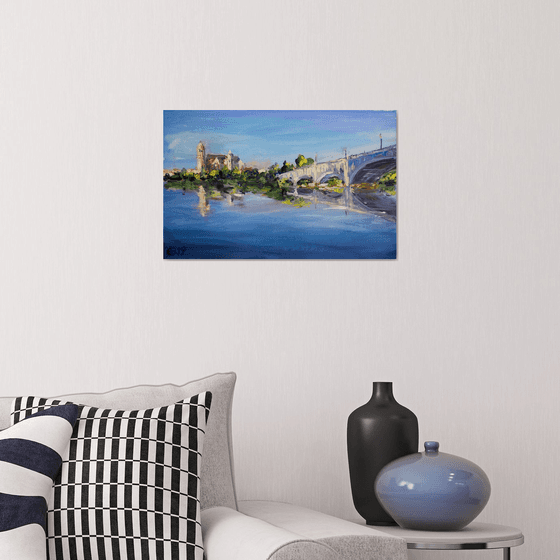Salamanca, view from the river. Original oil painting. Spain medium size painting on of a kind blue river reflection bridge landscape impression