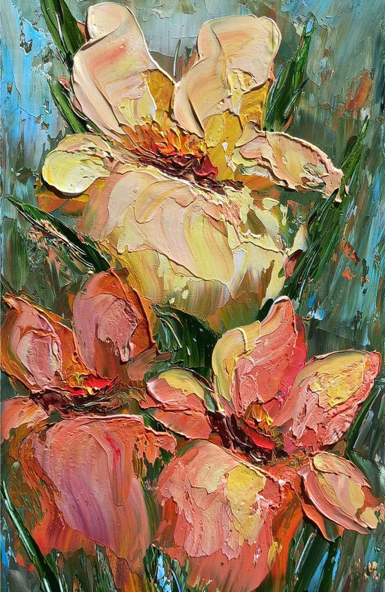 Irises (20x40cm, oil painting, palette knife)