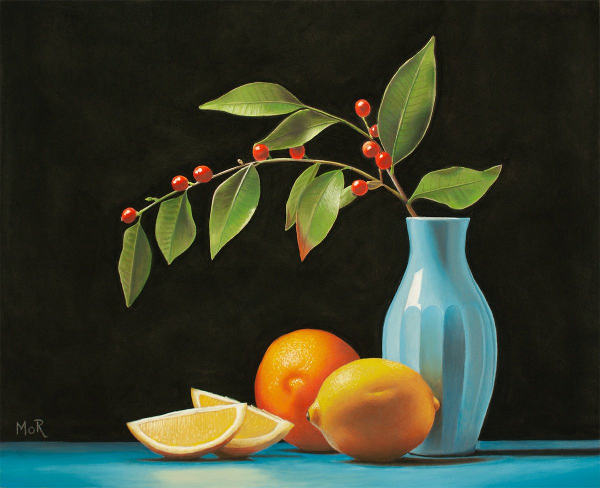 Photorealistic Still Life Pastel Drawing By Dietrich Moravec, 20 X 16, Blue Vase, Original Artwork