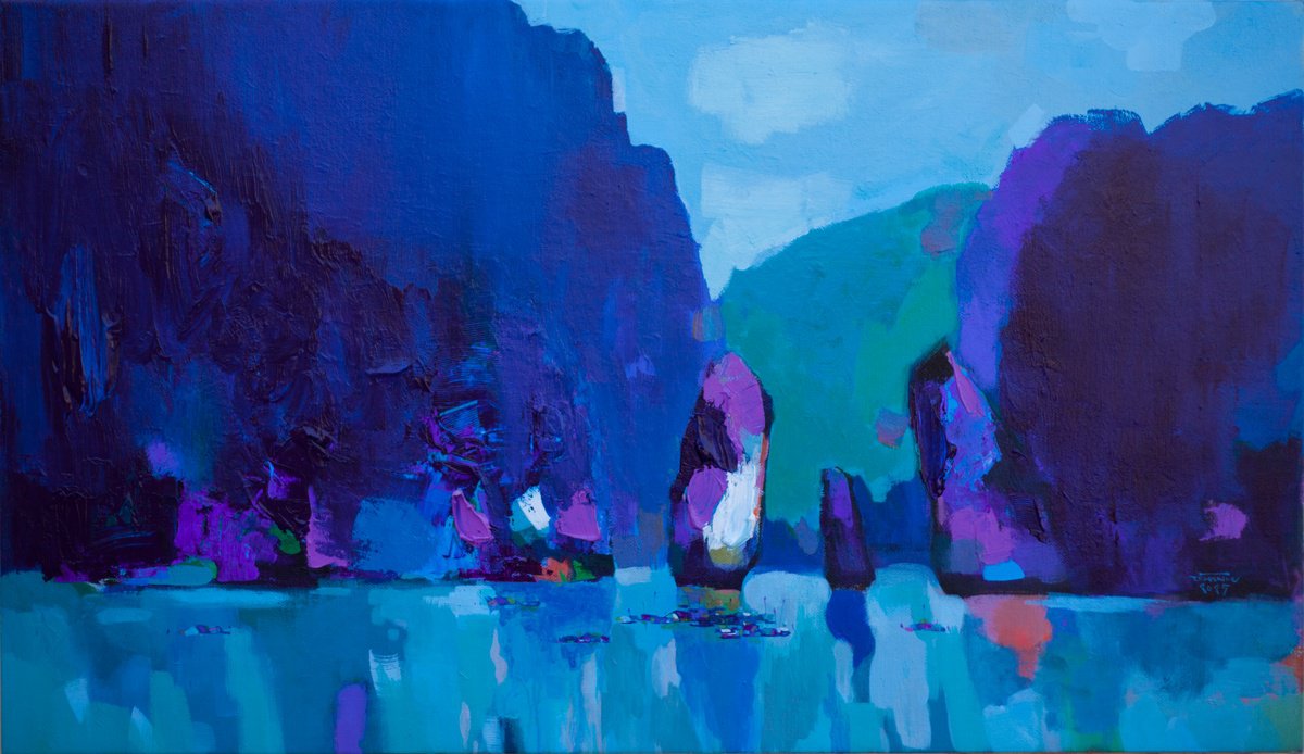 Expressive Landscape Acrylic Painting By The Khanh Bui, 47 X 28", Early Morning At Halong Bay, Original Artwork