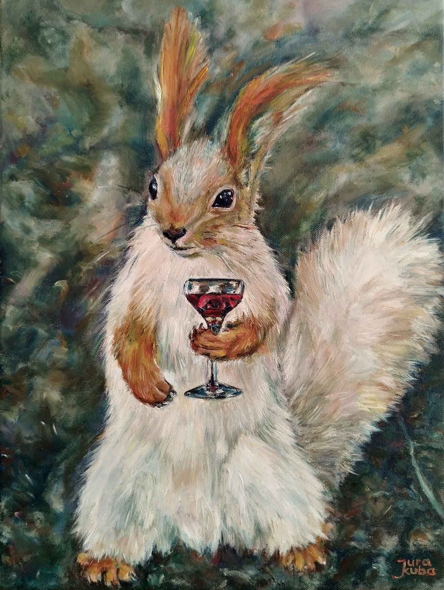 Squirrel With A Glass Of Red Wine by Jura Kuba Art
