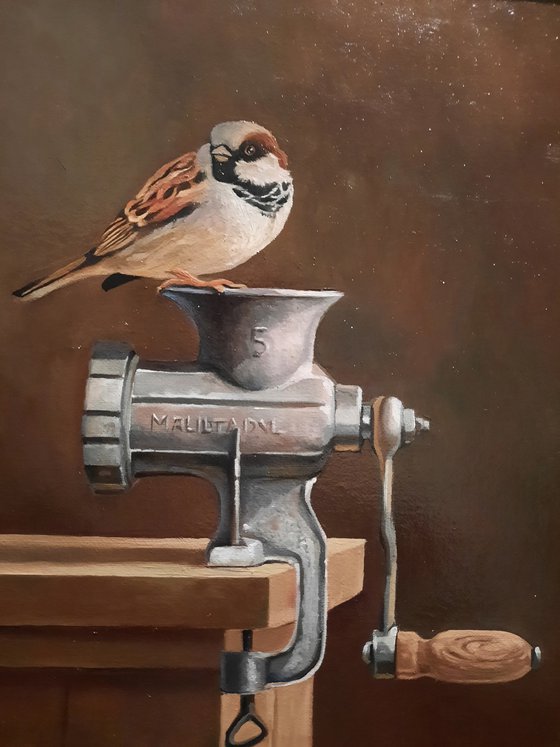 Still life with sparrow and meat grinder (24x30cm, oil painting, ready to hang, framed)