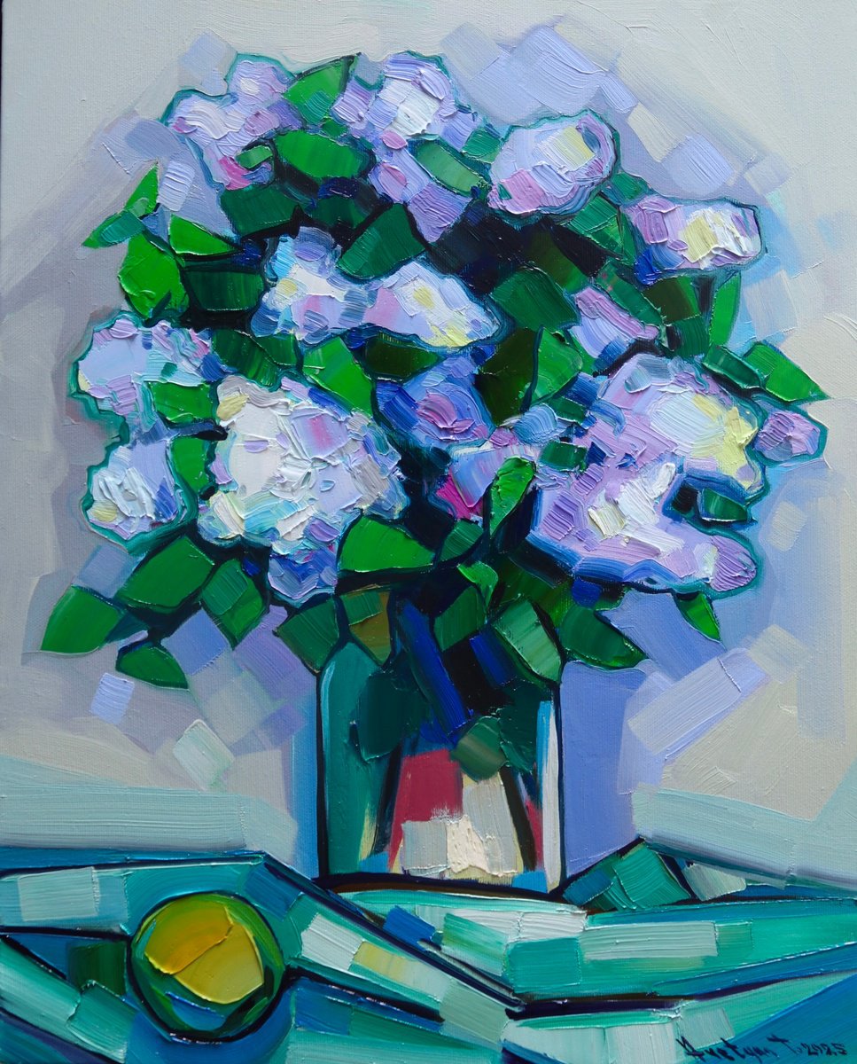 Expressive Still Life Oil Painting By Tigran Avetyan, 16 X 20", Lilac, Original Artwork