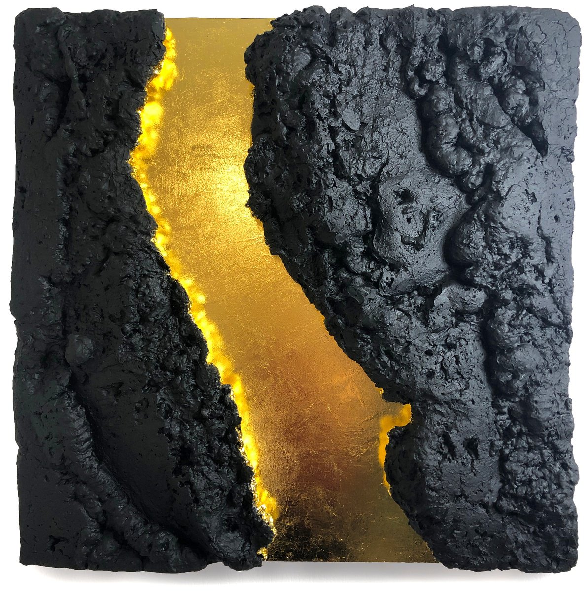 Abstract Relief By Viacheslav Zaykin, 31 X 31", Golden Channel, Black Textured Wall Art Panel, Original Artwork