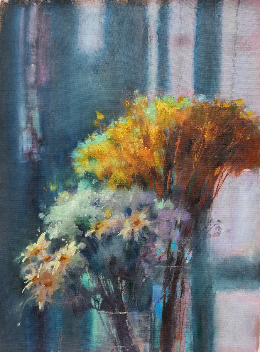 Botanical Oil Painting By Olha Laptieva, 16 X 22", Evening Light And Two Bouquets, Original Artwork