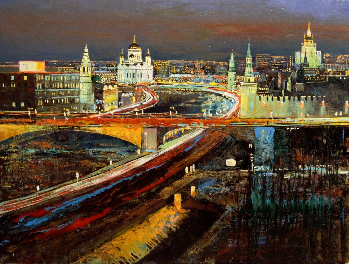 Moscow at night. Signed contemporary art landscape by Dmitry Revyakin