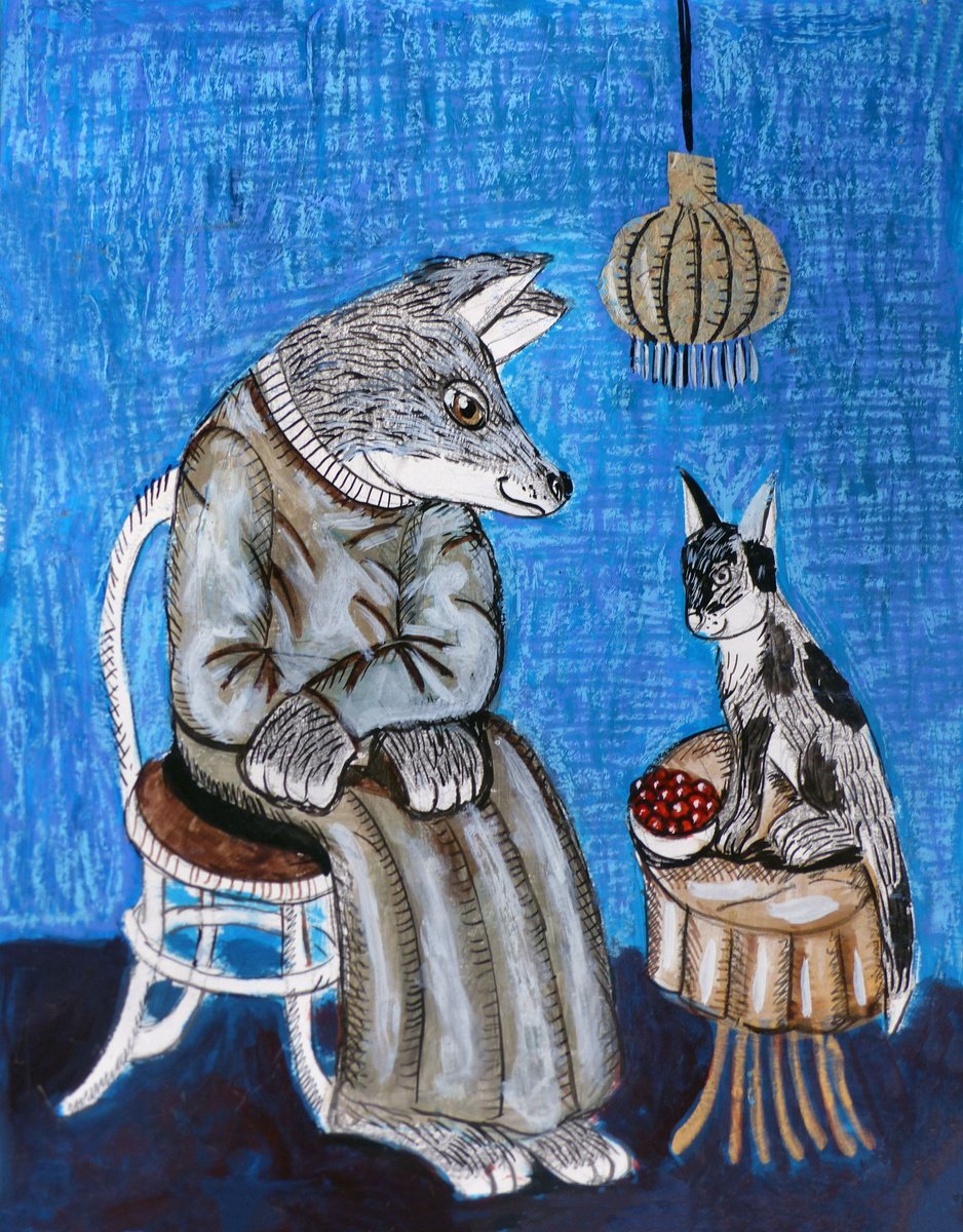 Surrealistic Animal Painting By Elizabeth Vlasova, 11 X 14, Mystery Dinner, Original Artwork