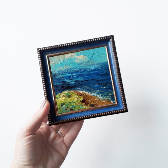 Ocean landscape art painting original 4x4, Abstract art landscape wall art mini painting, One of kind art gift