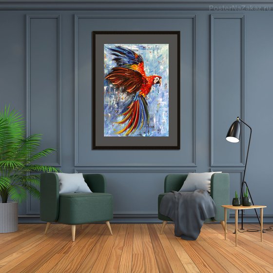 BRIGHTNESS OF FLIGHT - Red bird. Bright parrot. Ara parrot. A bird with large wings. Soaring parrot. Colorful feathers. Large beak. Lush tail. Blue background.