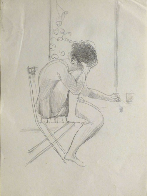 Woman writing by the window, pencil drawing, 21x29 cm by Frederic Belaubre