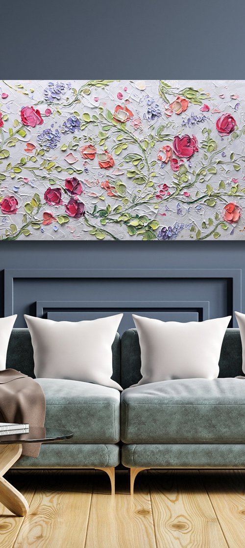 3D Textured Flowers Painting, Original Pink Rose, Heavy Textured Flower Painting Decor Living Room Decor Texture Acrylic Painting by Lana Guise
