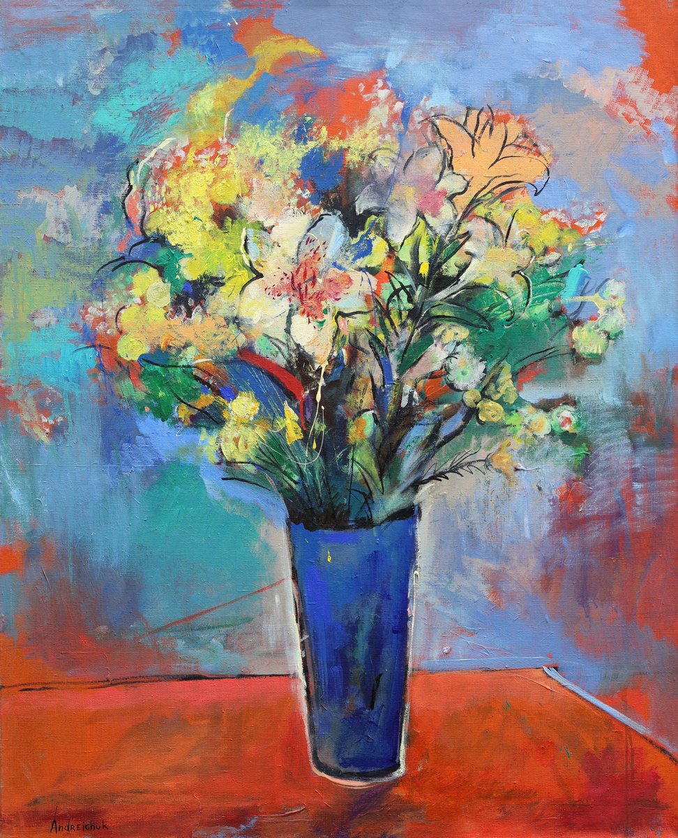 Impressionistic Still Life Acrylic Painting By Artem Andreichuk, 33 X 41, Bouquet Of Flowers, Original Artwork
