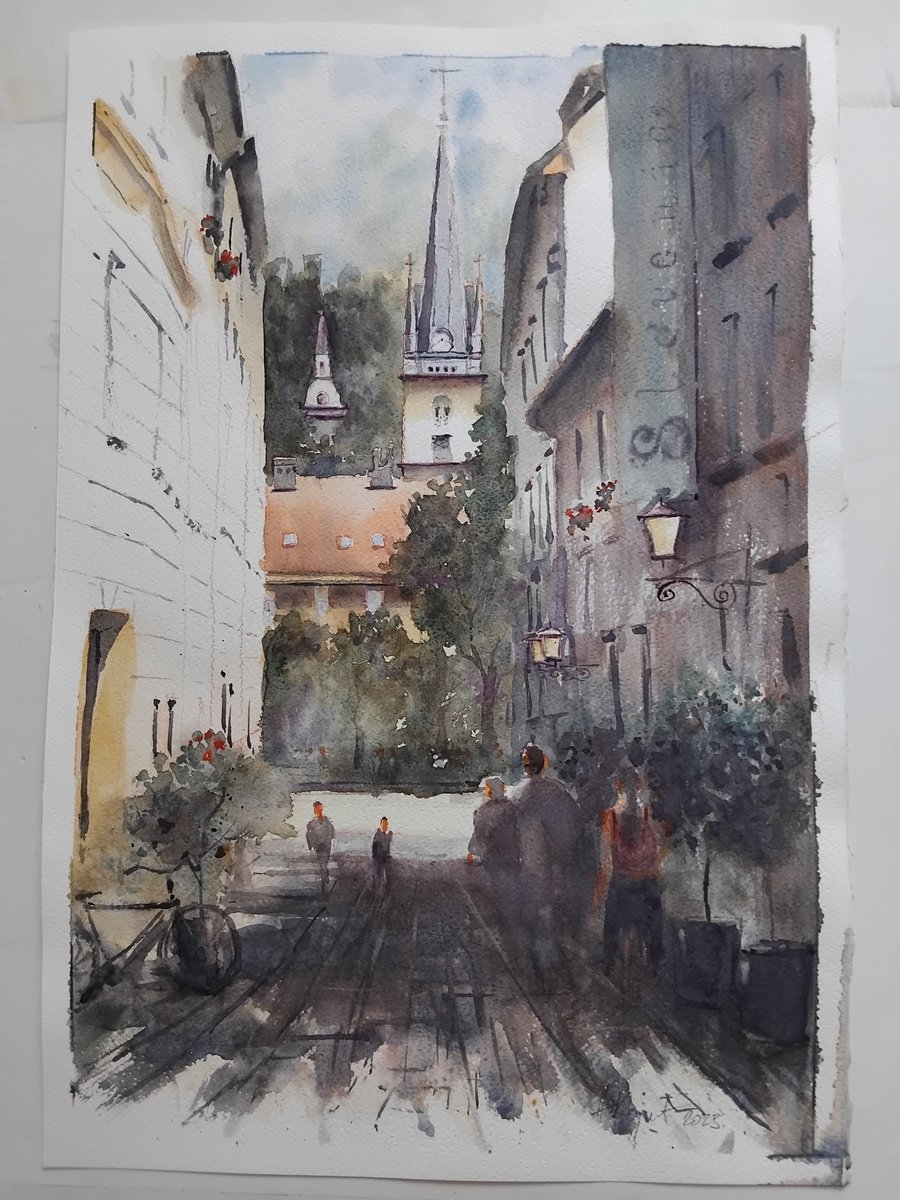 Impressionistic Cityscapes Watercolour By Nenad Kojic, 15 X 22", Ljubljana In Green Slovenia #4, Original Artwork