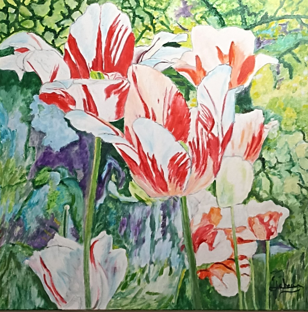 Impressionistic Botanical Oil Painting By Isabelle Lucas, 20 X 20, Tulips Flowers, Original Artwork