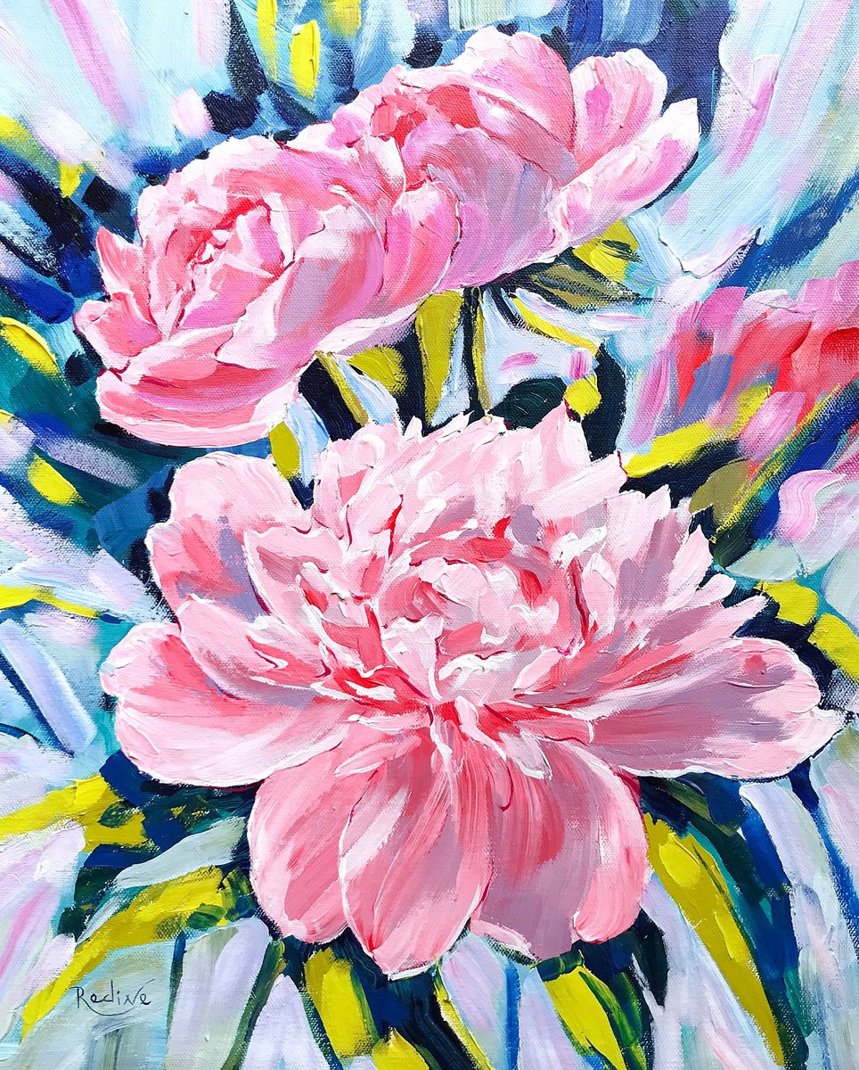 Impressionistic Botanical Acrylic Painting By Irina Redine, 16 X 20, Peonies, Original Artwork