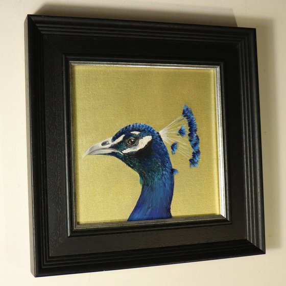 Peacock Portrait II Original Oil Painting, Bright Blue Bird Painting with Gold Backdrop, not Print