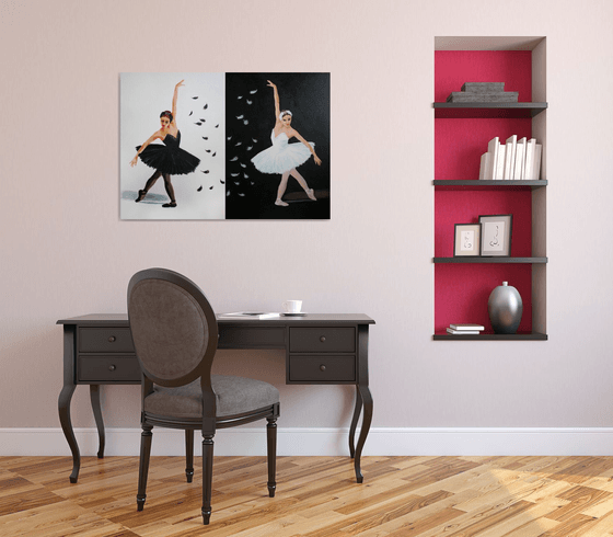 Black and White Swan. Ballet. Diptych /  ORIGINAL PAINTING