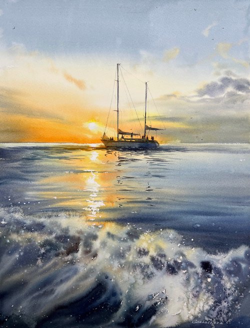 Yacht at sunset #9 by Eugenia Gorbacheva