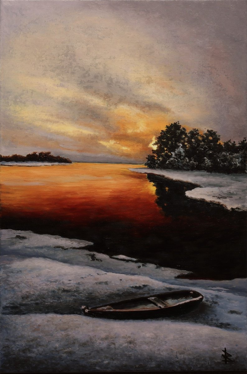 Impressionistic Landscape Oil Painting By Oleg Baulin, 16 X 24", Winter. Pink Sunset, Original Artwork