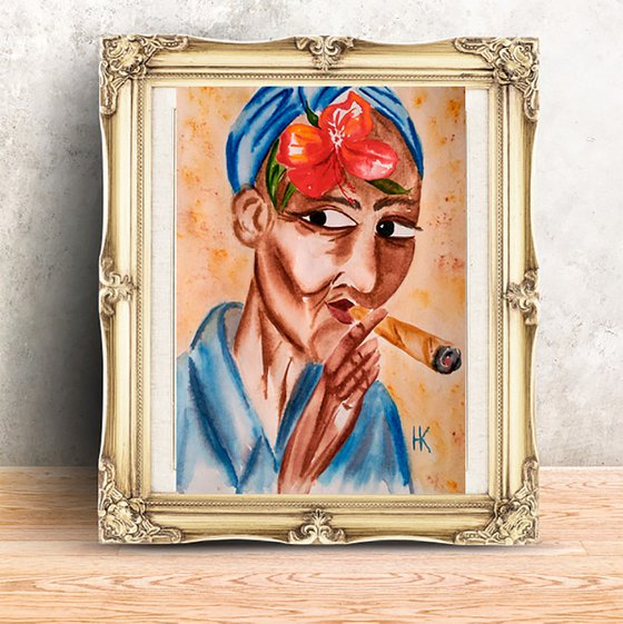 Flower Head Painting Portrait Original Art Cuban Watercolor Smoking Woman Small Artwork Home Wall Art 8 by 11" by Halyna Kirichenko