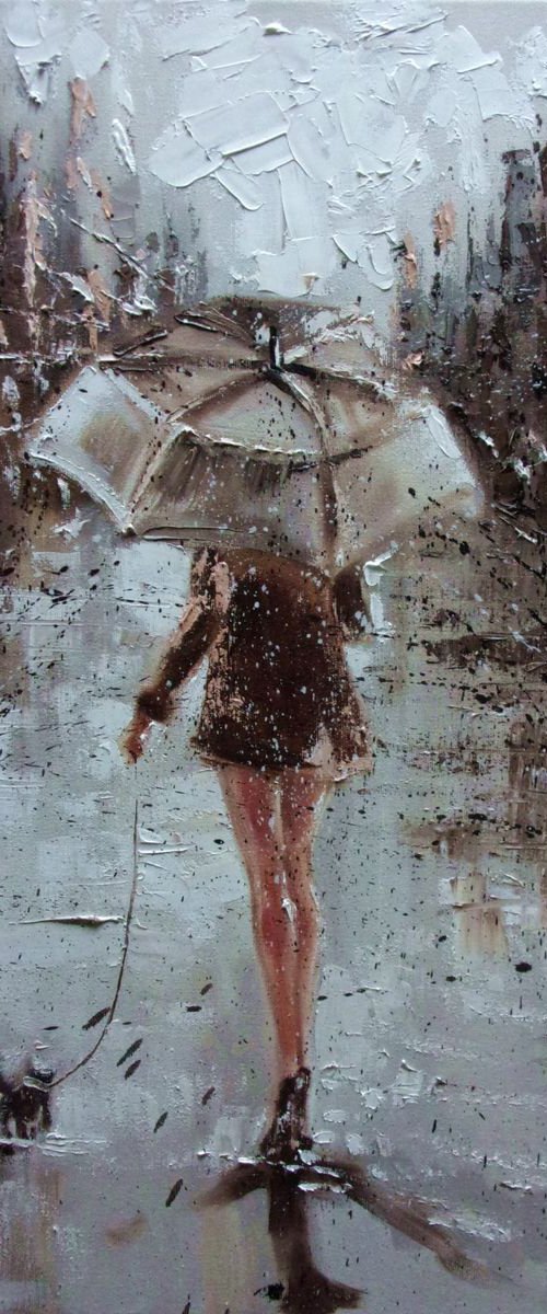 " LITTLE FRIEND IN BIG CITY "  RAIN street AUTUMN winter original painting CITY palette knife GIFT by Monika Luniak
