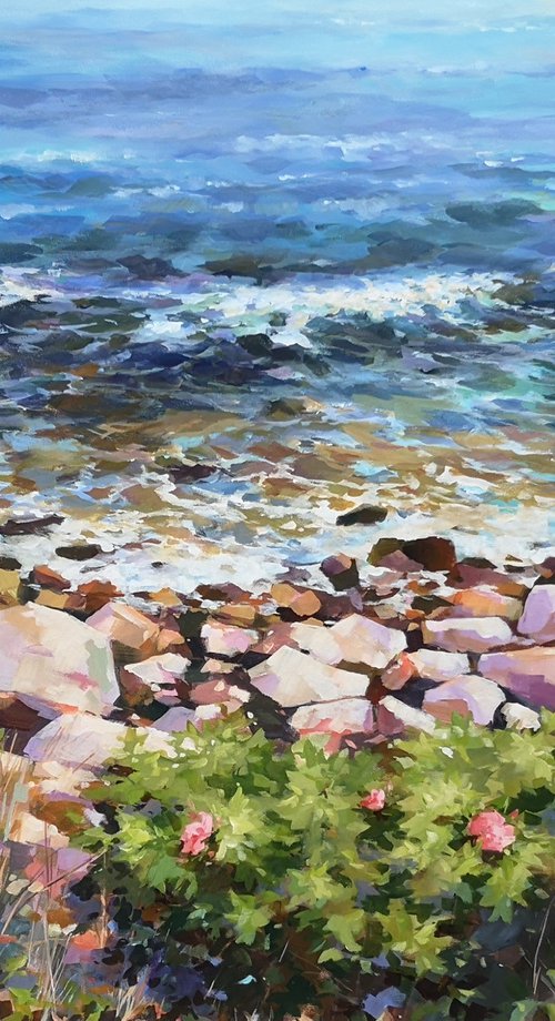"Rose bushes by the shoreline", original one of a kind acrylic on canvas impressionistic painting (30x40") by Alexander Koltakov