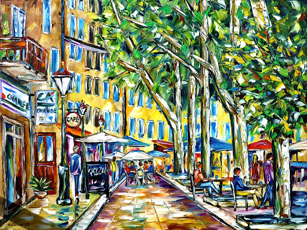 Expressive Cityscapes Oil Painting By Mirek Kuzniar, 31 X 24", In The Streets Of Provence, Original Artwork