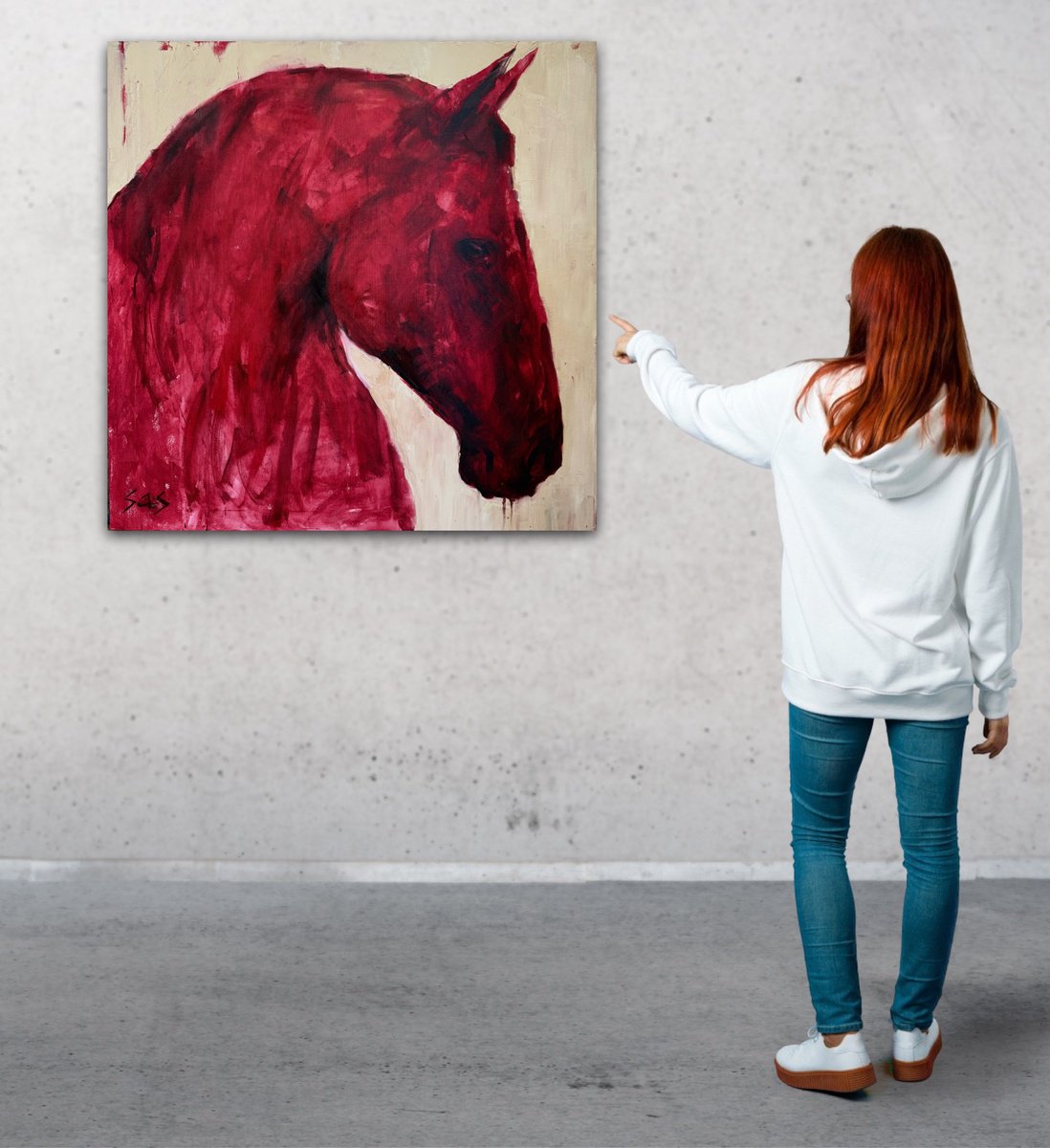 Abstract Animal Oil Painting By Liubou Sas, 35 X 35", Red Horse, Original Artwork