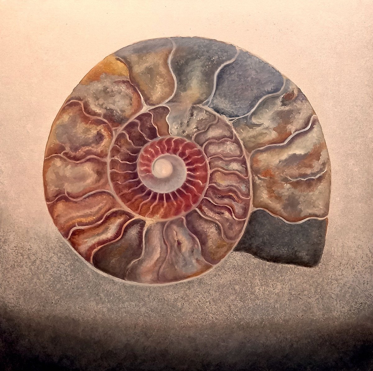Geometric Still Life Oil Painting By Lee Campbell, 31 X 31", Silvery Ammonite, Original Artwork