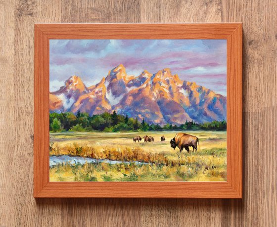 Teton mountain landscape with bisons