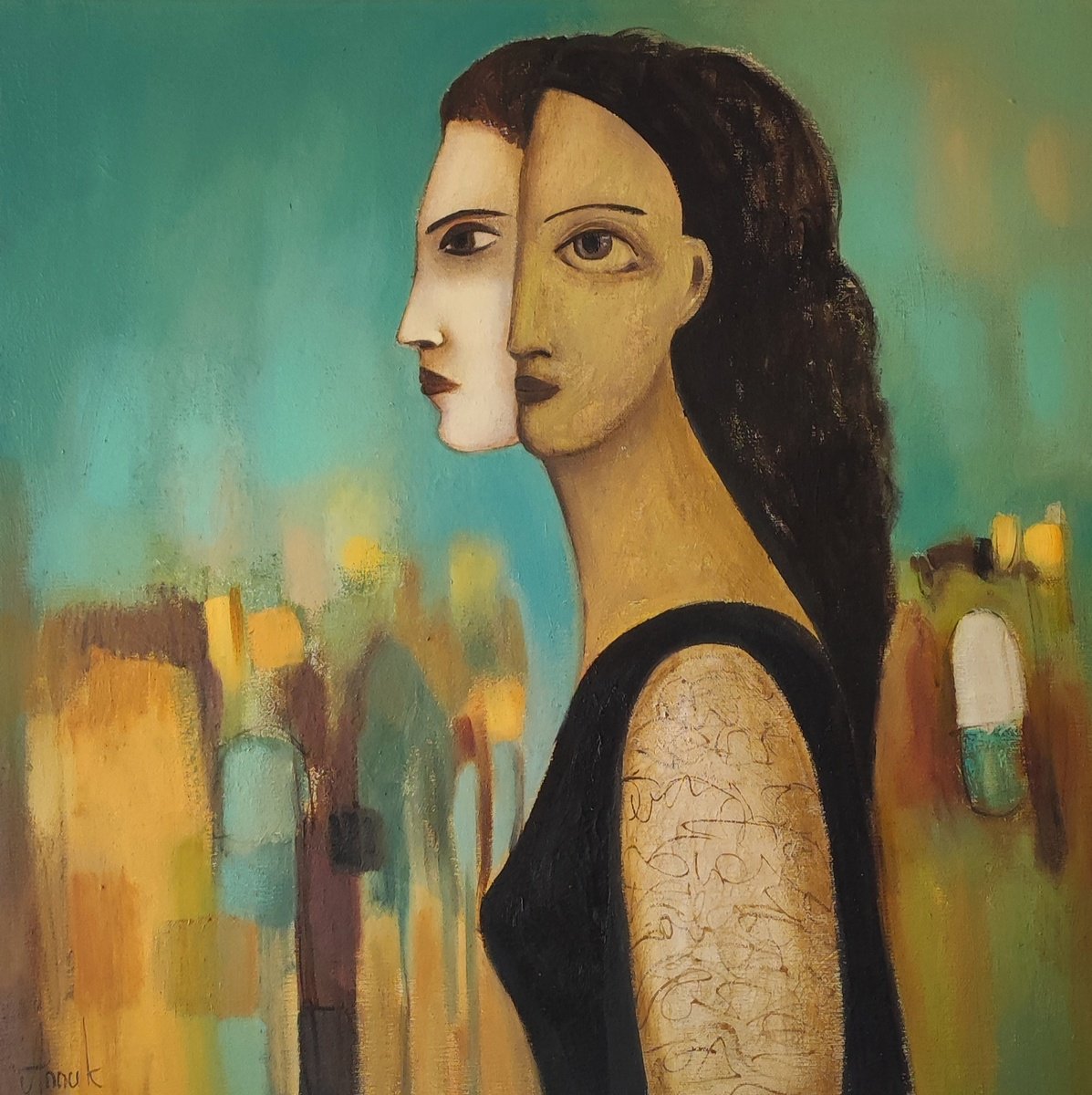 Expressive Portrait Oil Painting By Anna Soghomonyan, 20 X 20, The Split Personality, Original Artwork