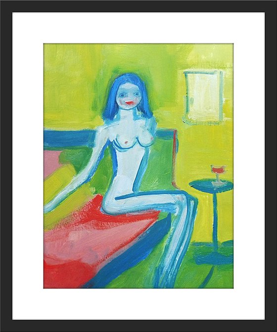 CUTE EROTIC NUDE GIRL, Red Lips, Red Wine. Original Female Figurative Oil Painting. Varnished.