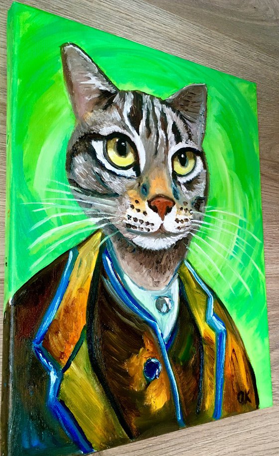 Cat Vincent Van Gogh inspired by his self-portrait on green background