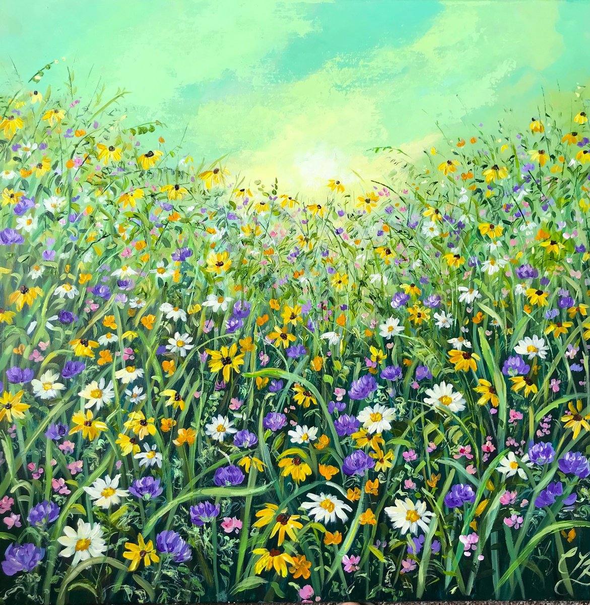 Impressionistic Botanical Acrylic Painting By Colette Baumback, 28 X 28, Morning Meadow, Original Artwork