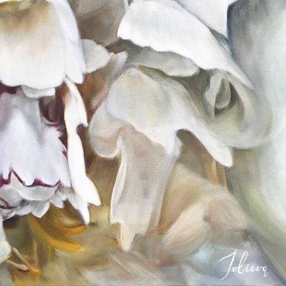 Large square oil painting with white peonies 90 * 90 cm