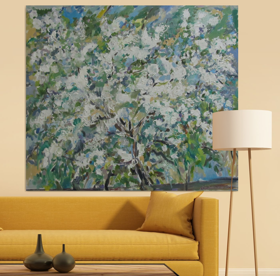 FLOWERING BUSH. APPLE TREE - floral art, landscape, blooming plant, original oil painting, Moscow