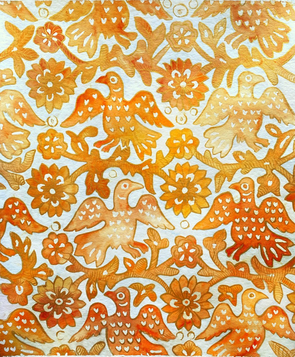 Abstract Botanical Watercolour By Tetiana Savchenko, 12 X 14", Ornament With Birds, Original Artwork