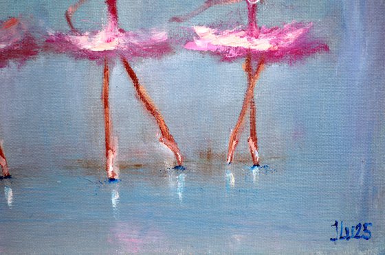 Funny pink ballerinas. Miniature  impasto oil