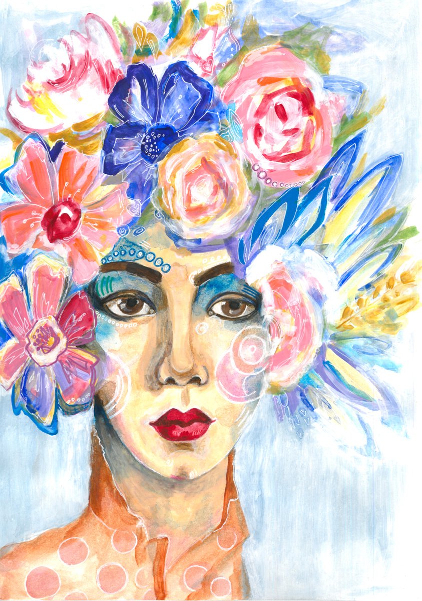 Flower Portrait 4, Floral Portrait Floral Head Woman Painting Modern Bouquet Wall Art by Yulia Berseneva