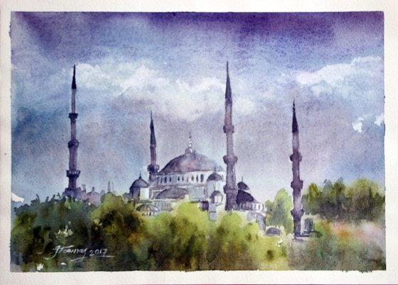 A Mosque in Istanbul, Watercolor on Paper, 21 x 29 cm